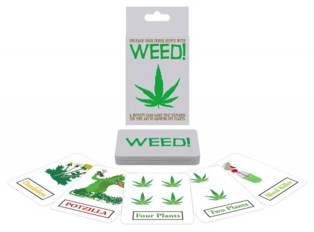 A card game box and scattered cards with cannabis leaf imagery and game titles.