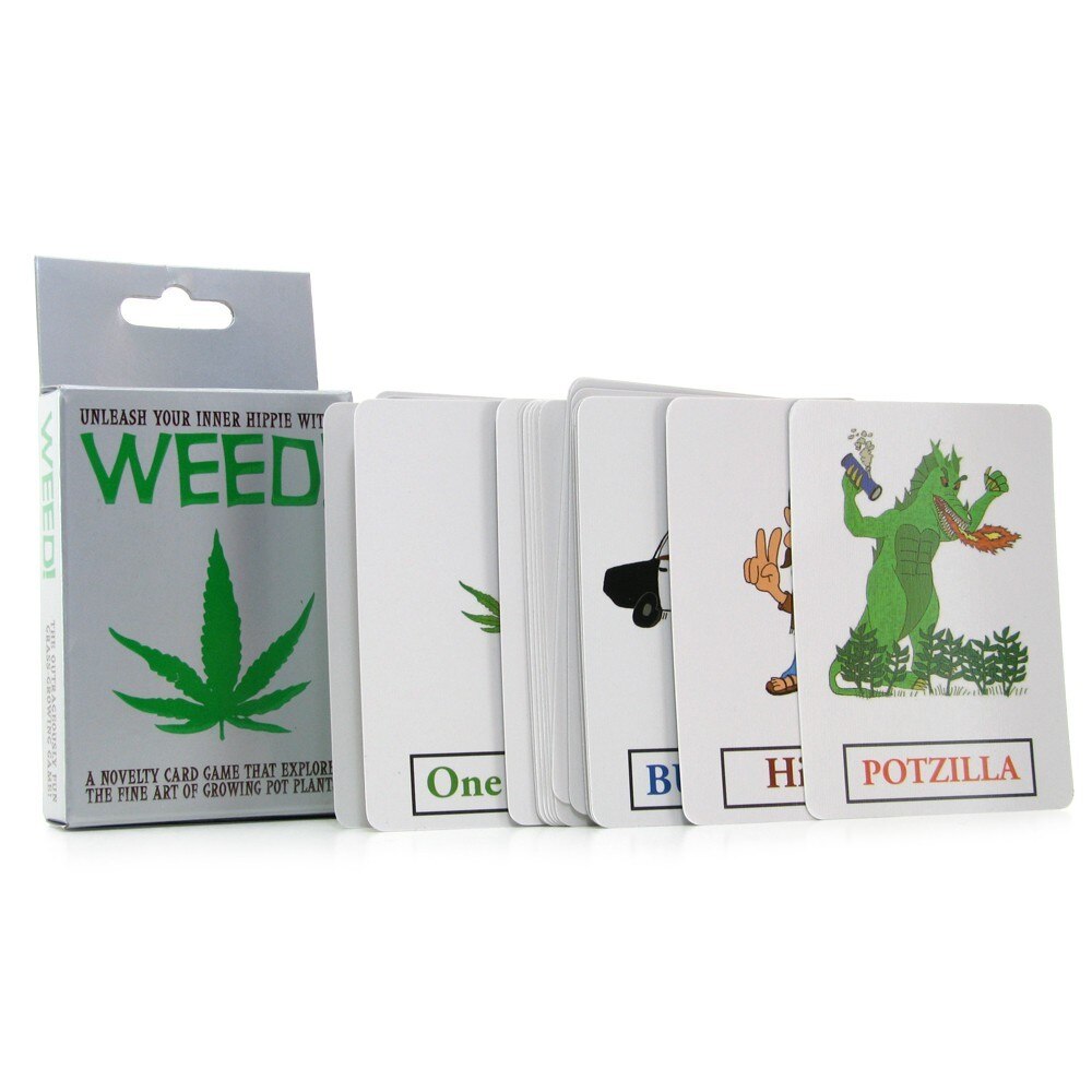 A box of "Weed!" cards and several cards from the game are displayed.