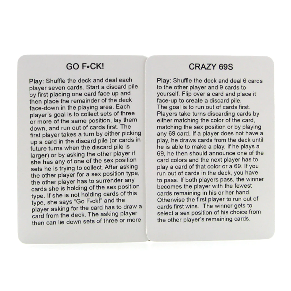 Two cards with game instructions for "Go F*ck!" and "Crazy 69s".