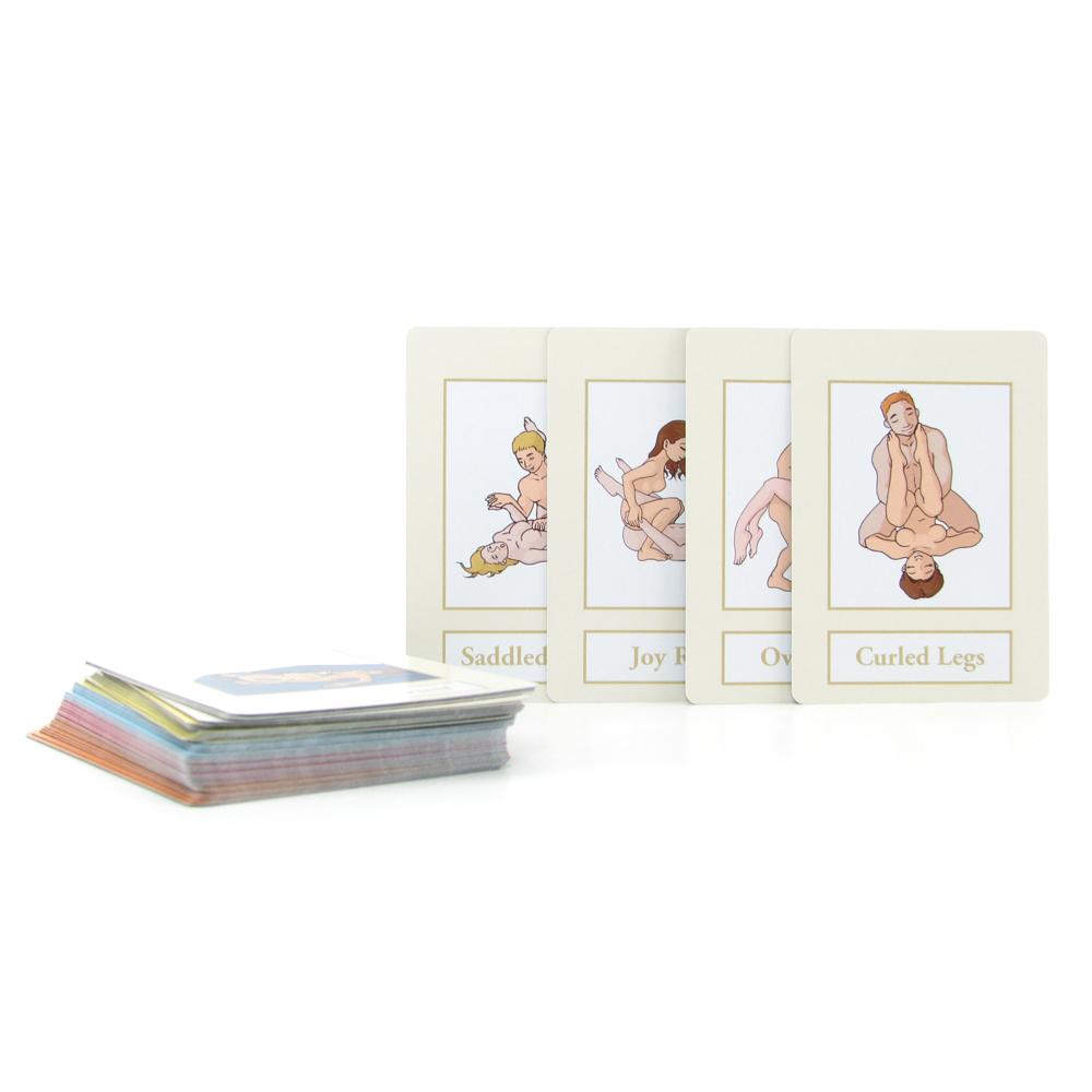 A deck of cards with illustrations of Kama Sutra positions, including "Saddled" and "Curled Legs."