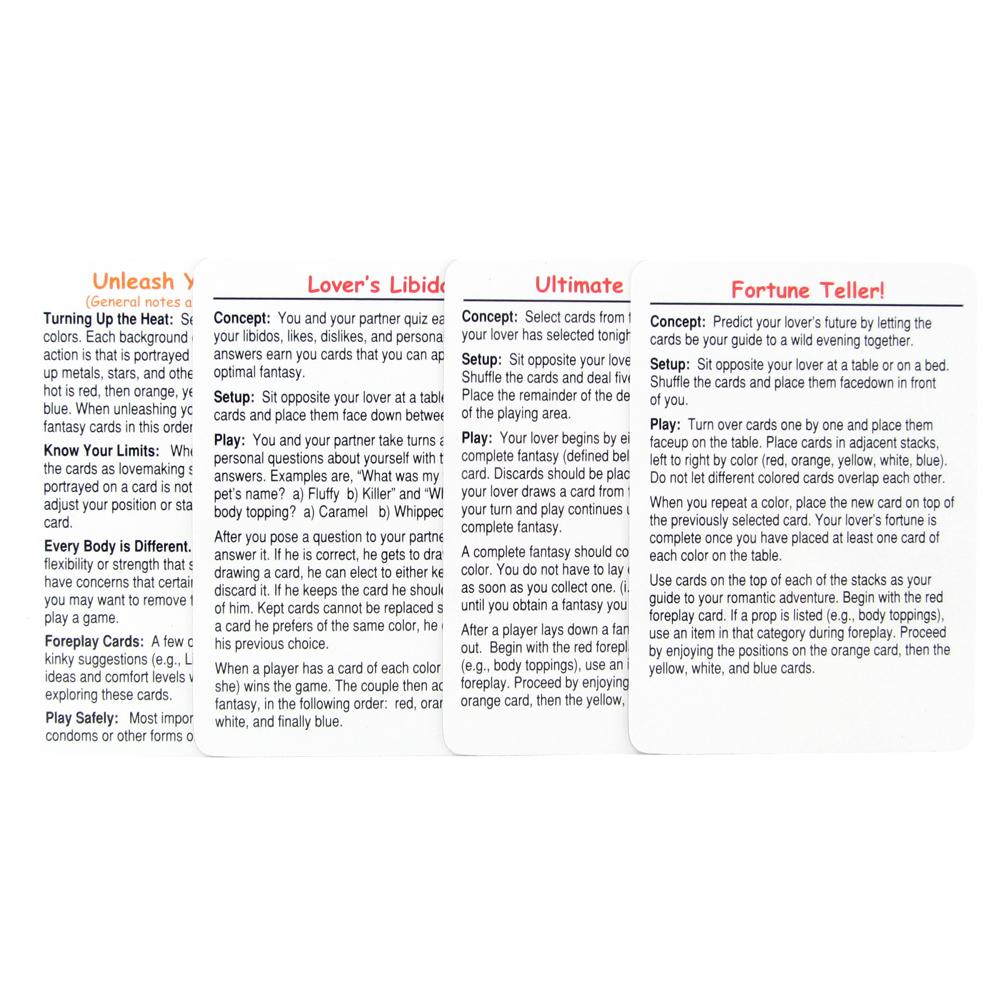 Card game instructions for "Unleash Your", "Lover's Libido", "Ultimate", and "Fortune Teller!" sections.