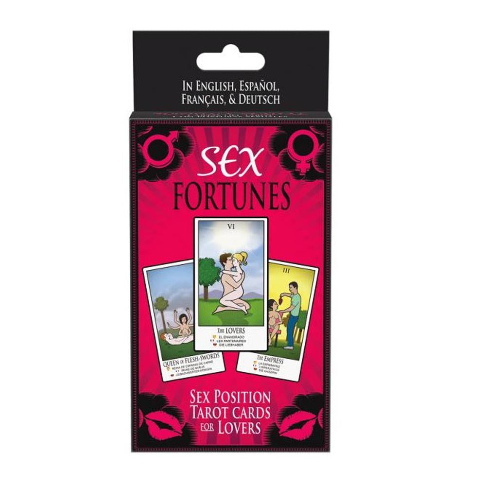 Sex Fortunes Tarot Card Game with illustrations of couples and tarot cards.