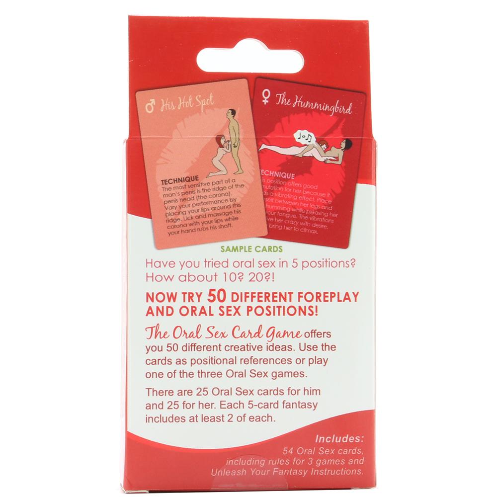Oral Sex Card Game with 50 foreplay positions and sample cards.