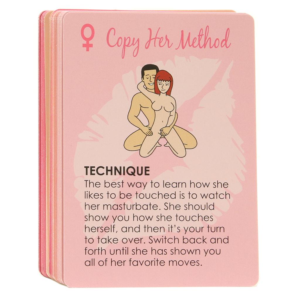 A card titled "Copy Her Method" with an illustration of a couple and instructions for learning sexual techniques.