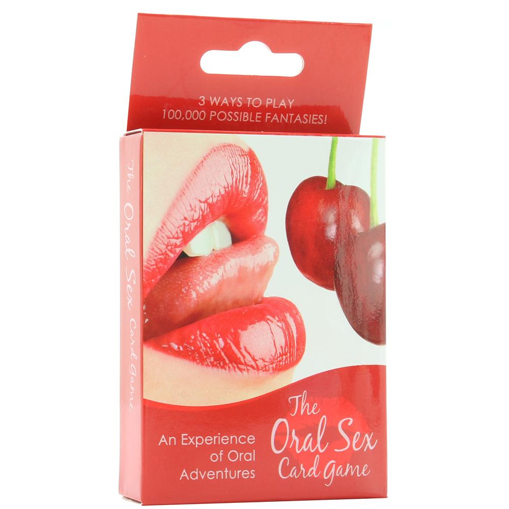 The Oral Sex Card Game features lips and cherries on the box with text about fantasies.
