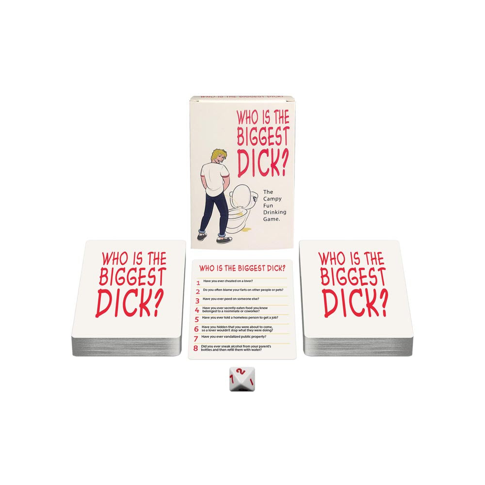 Who is the Biggest Dick? adult drinking game with cards and a die.