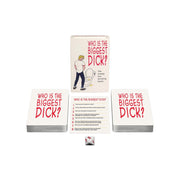 Who is the Biggest Dick? adult drinking game with cards and a die.
