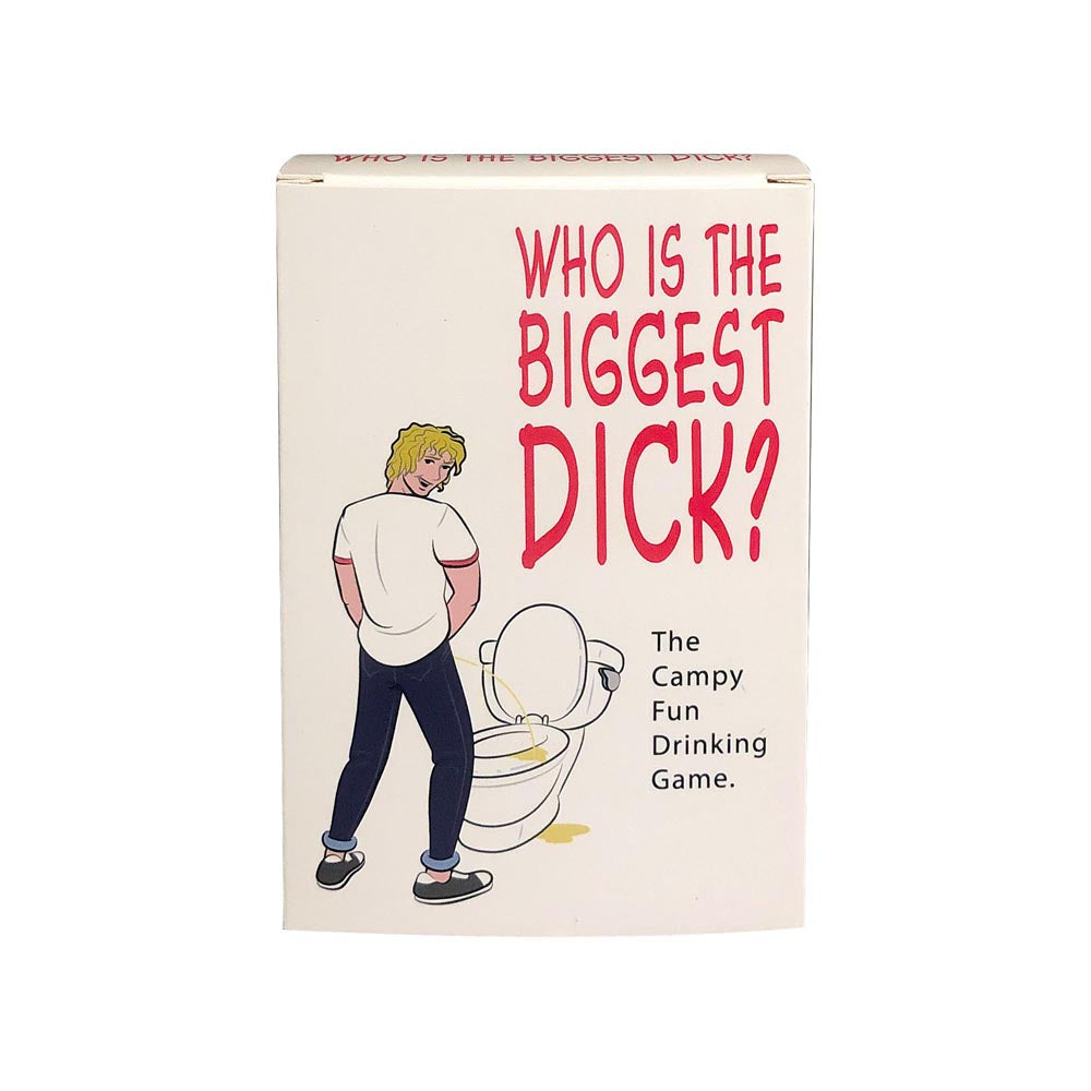 Box for the adult drinking game "Who is the Biggest Dick?" featuring a cartoon of a man urinating.