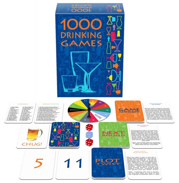 1000 Drinking Games set with cards, dice, and spinner.