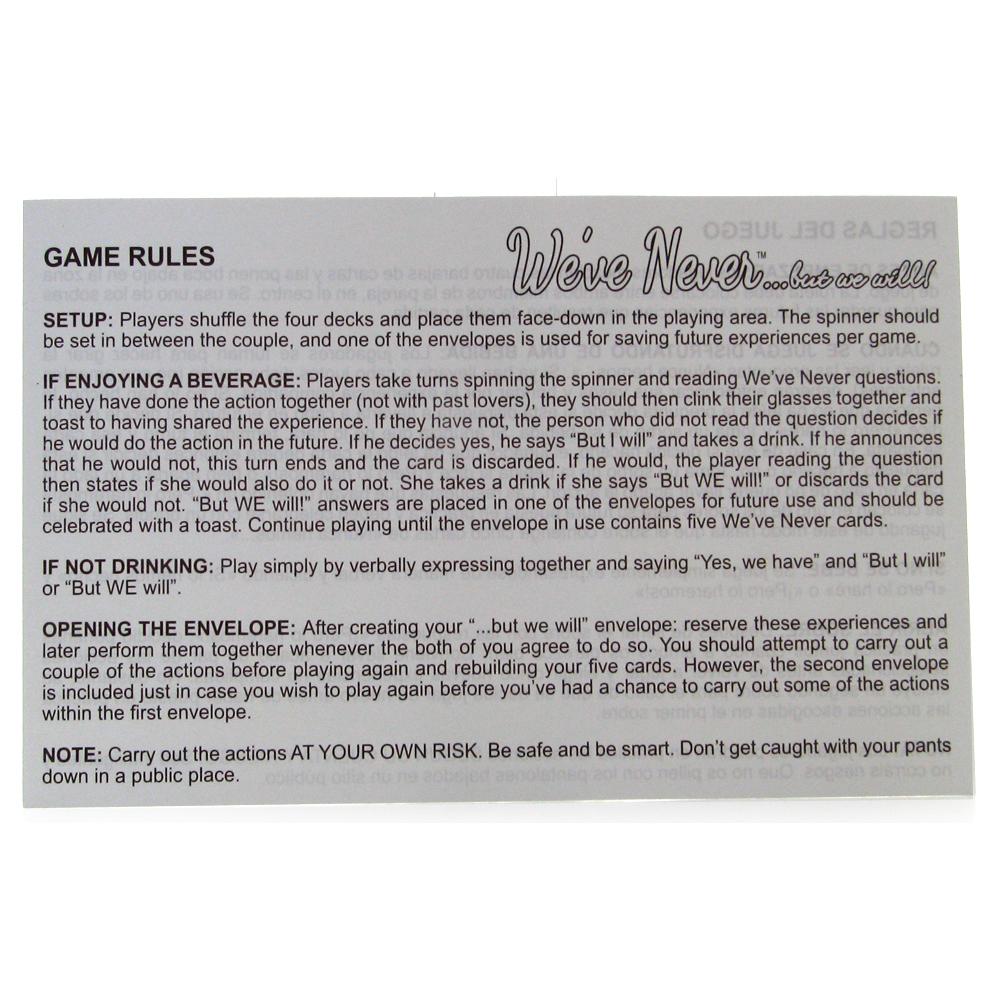 Game rules for the We've Never card game for couples.