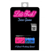 Let's F*ck Dice Game with pink, blue, and silver dice.