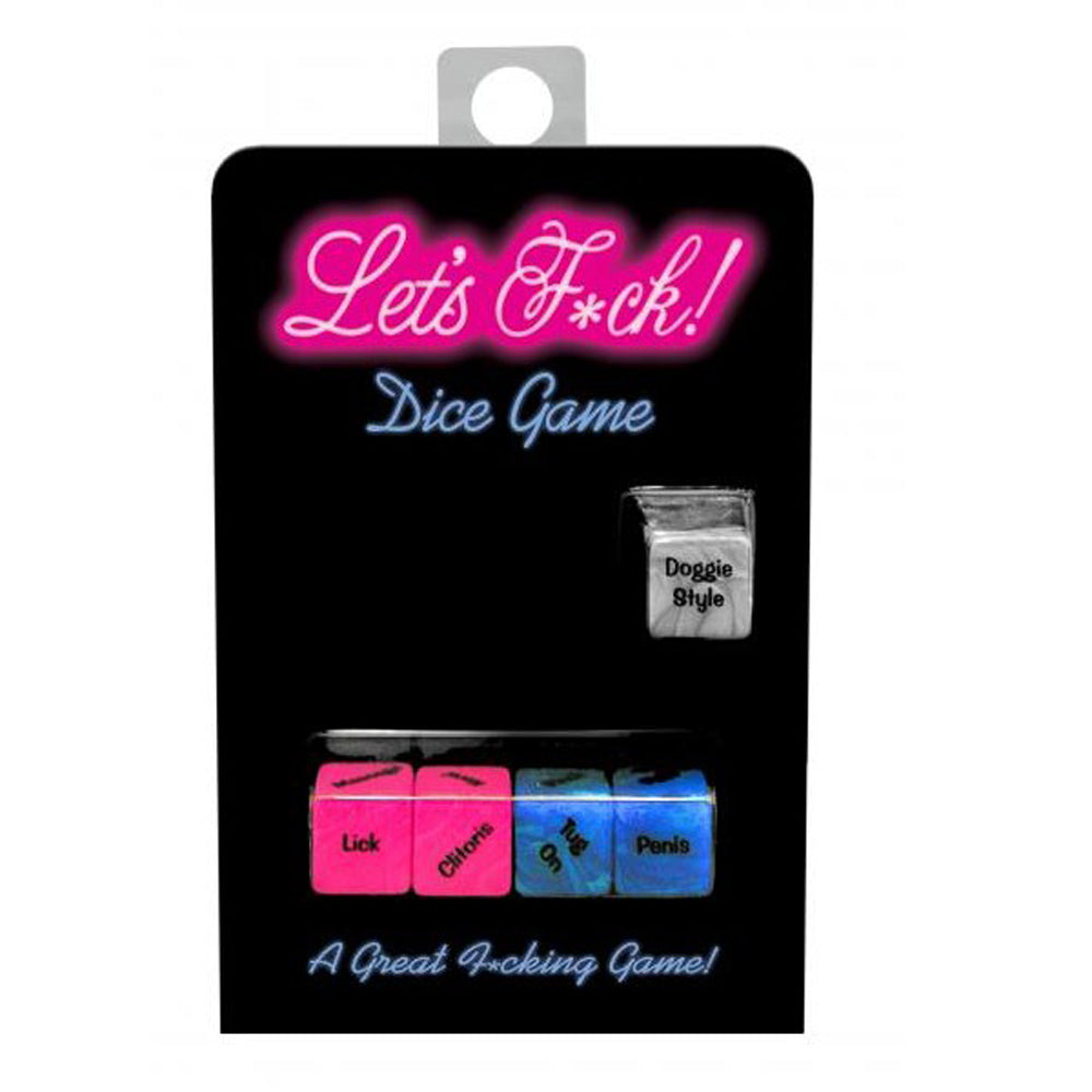 Let's F*ck Dice Game with pink, blue, and silver dice.