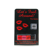 Let's Fool Around dice game with lips and dice showing "Chest", "Face", "Penis or Clitoris", "Inner Thighs", and "Suck".