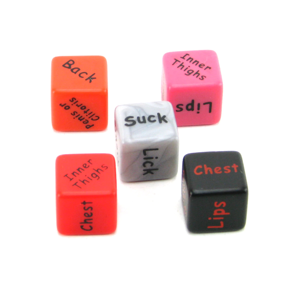 Five adult dice with various words like "Back," "Suck," and "Lips" on them.
