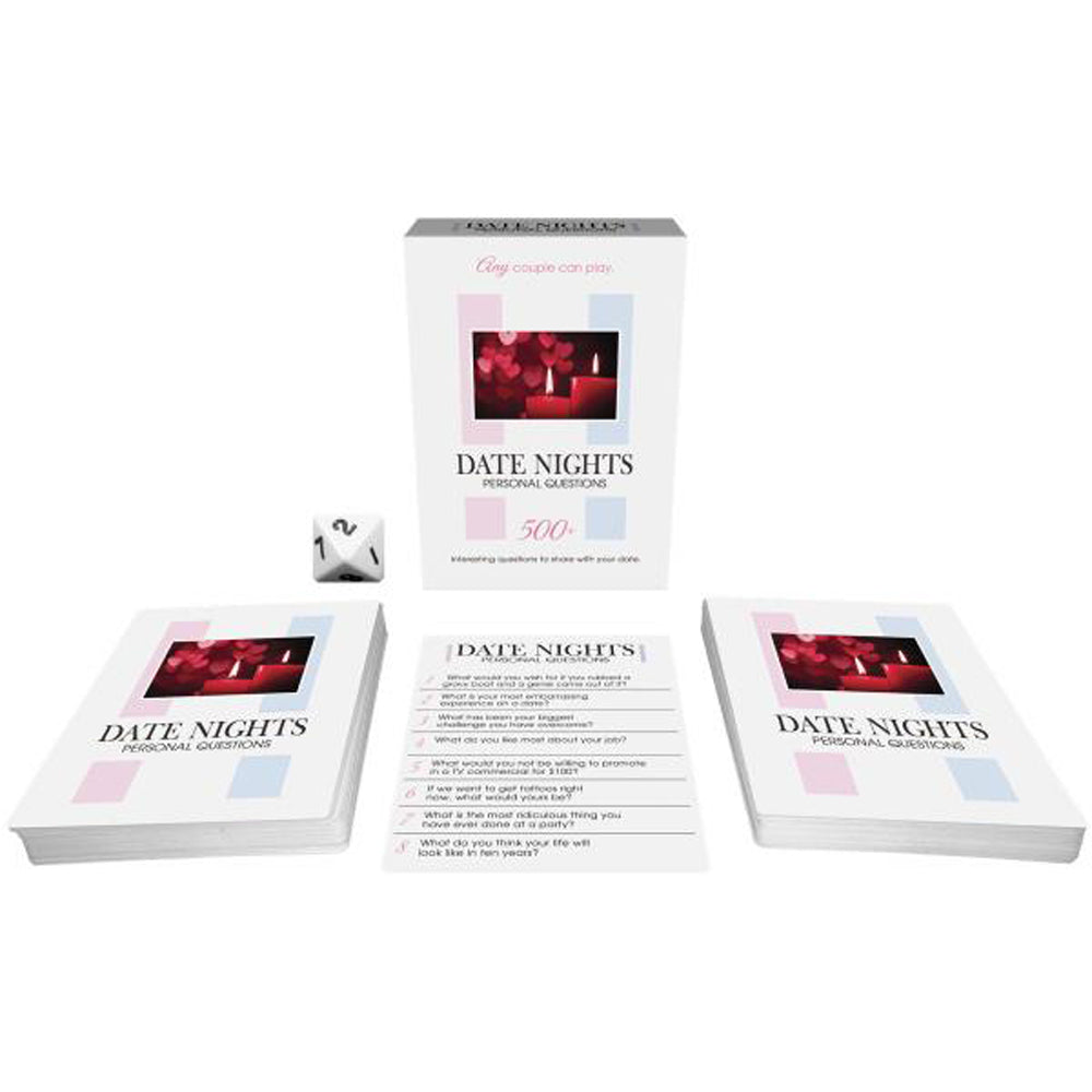 Date Nights Personal Questions card game for couples with 500 questions and a die.