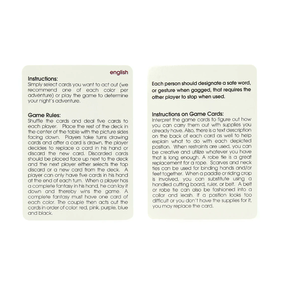 Instructions for a bondage card game with rules and how to play.