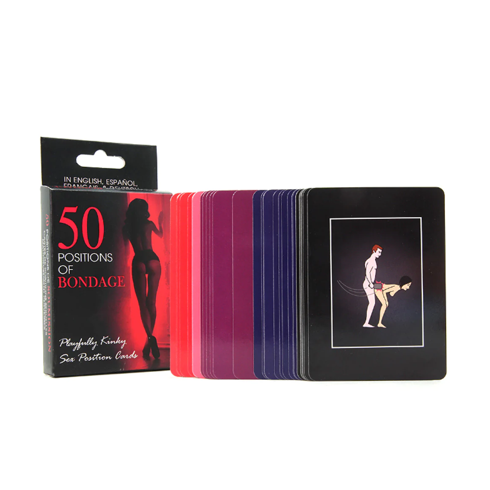 A box of "50 Positions of Bondage" cards with a card showing a couple in a sexual position.