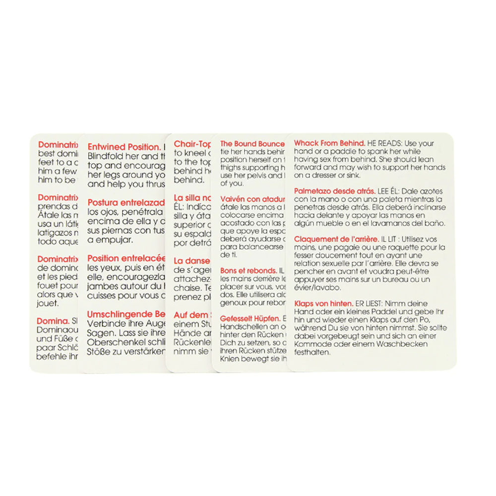 50 Positions of Bondage card game with various positions listed in English, Spanish, and French.