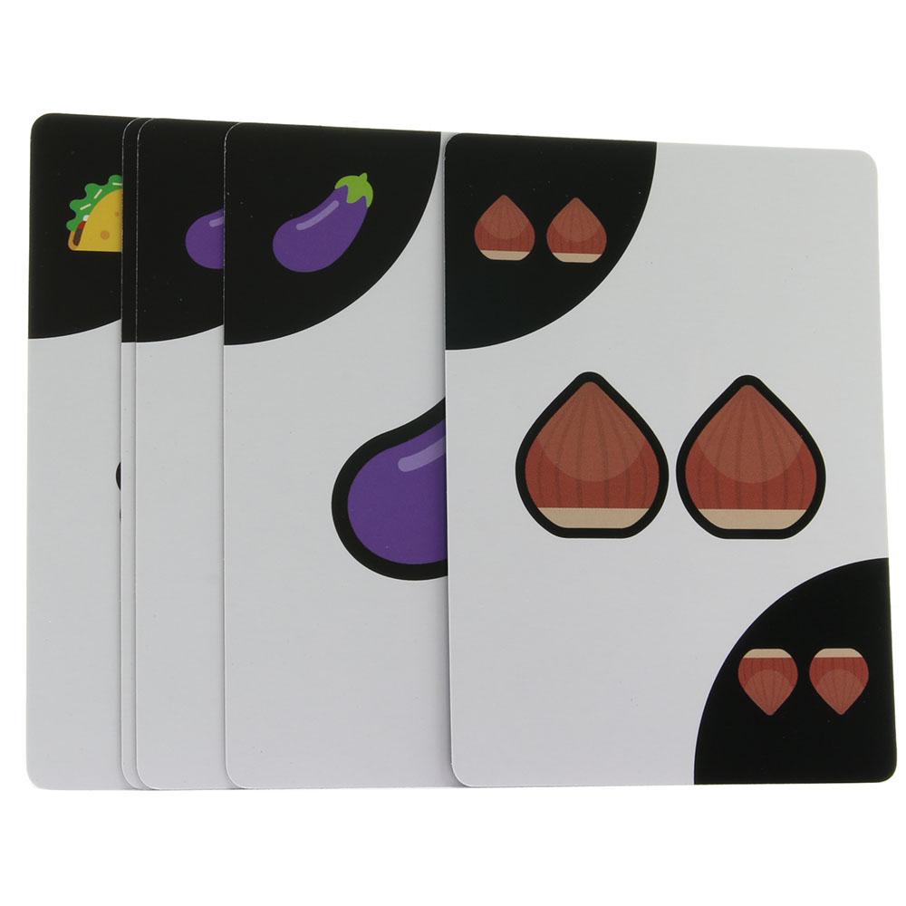 Four cards with cartoon food and nut illustrations.