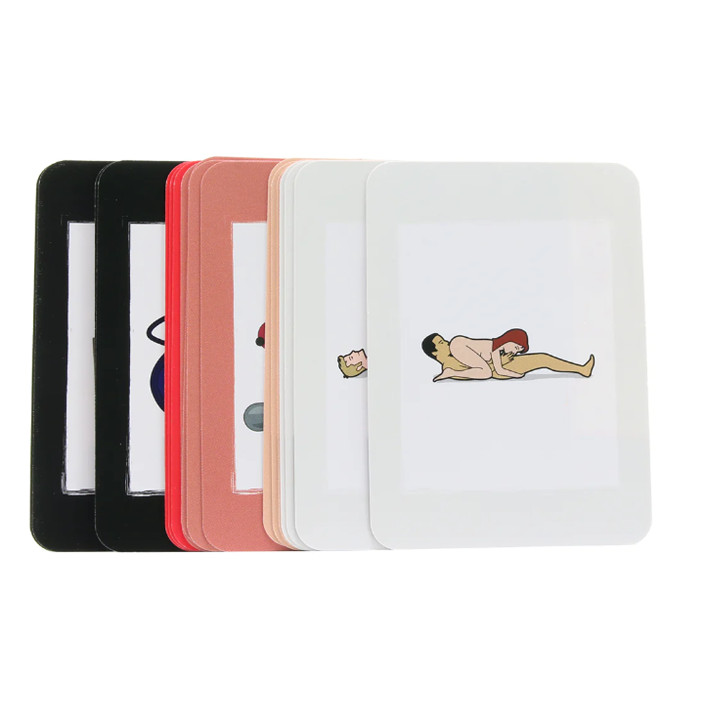 A set of cards with illustrations of couples in various positions, fanned out.