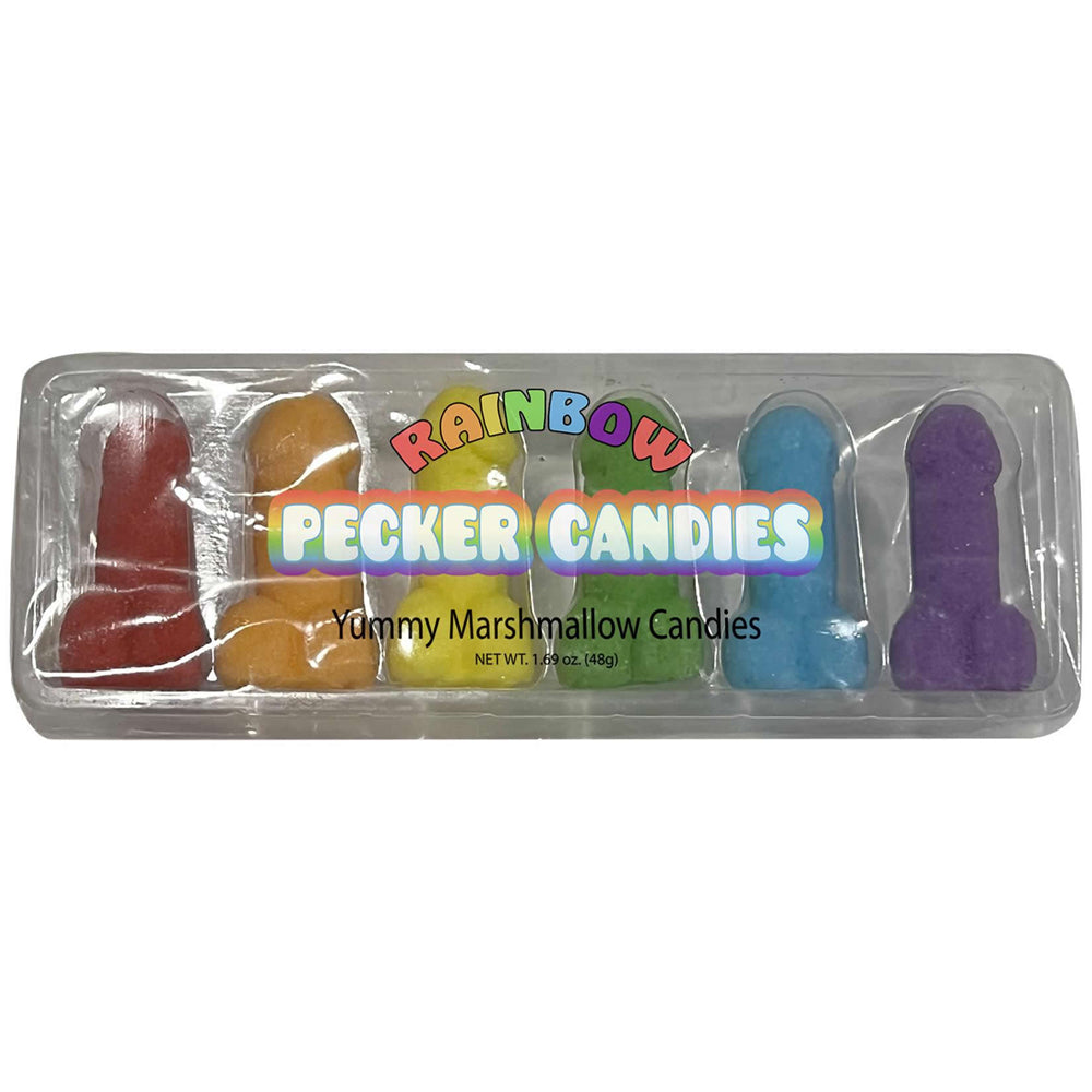 Rainbow Pecker Candies in a clear plastic package with six marshmallow candies.