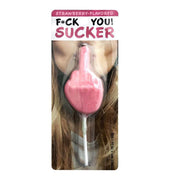 Pink strawberry-flavored middle finger sucker candy.