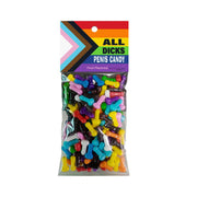 Bag of fruit-flavored penis-shaped candies with a rainbow pride flag design.