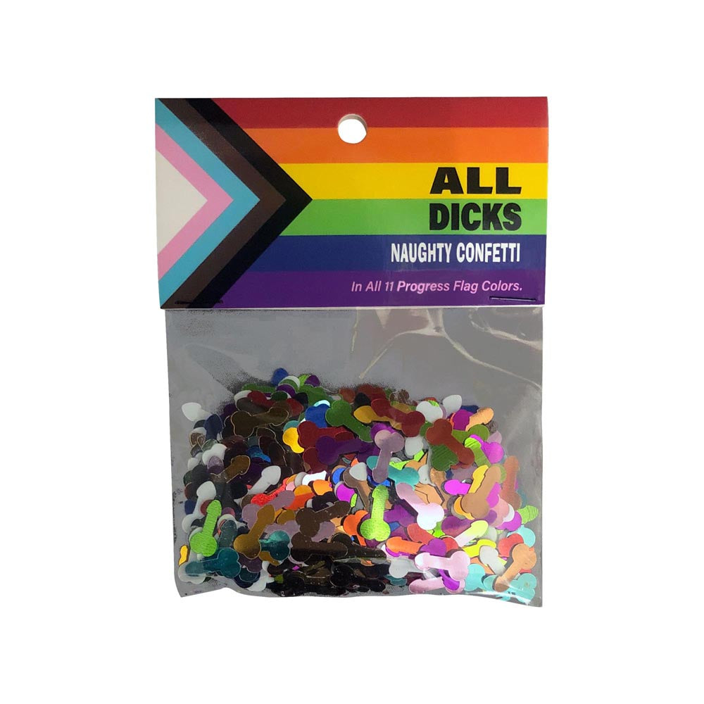 Penis-shaped confetti in pride flag colors.