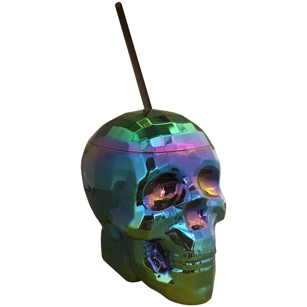 Oil-slick skull shaped tumbler with a black straw.