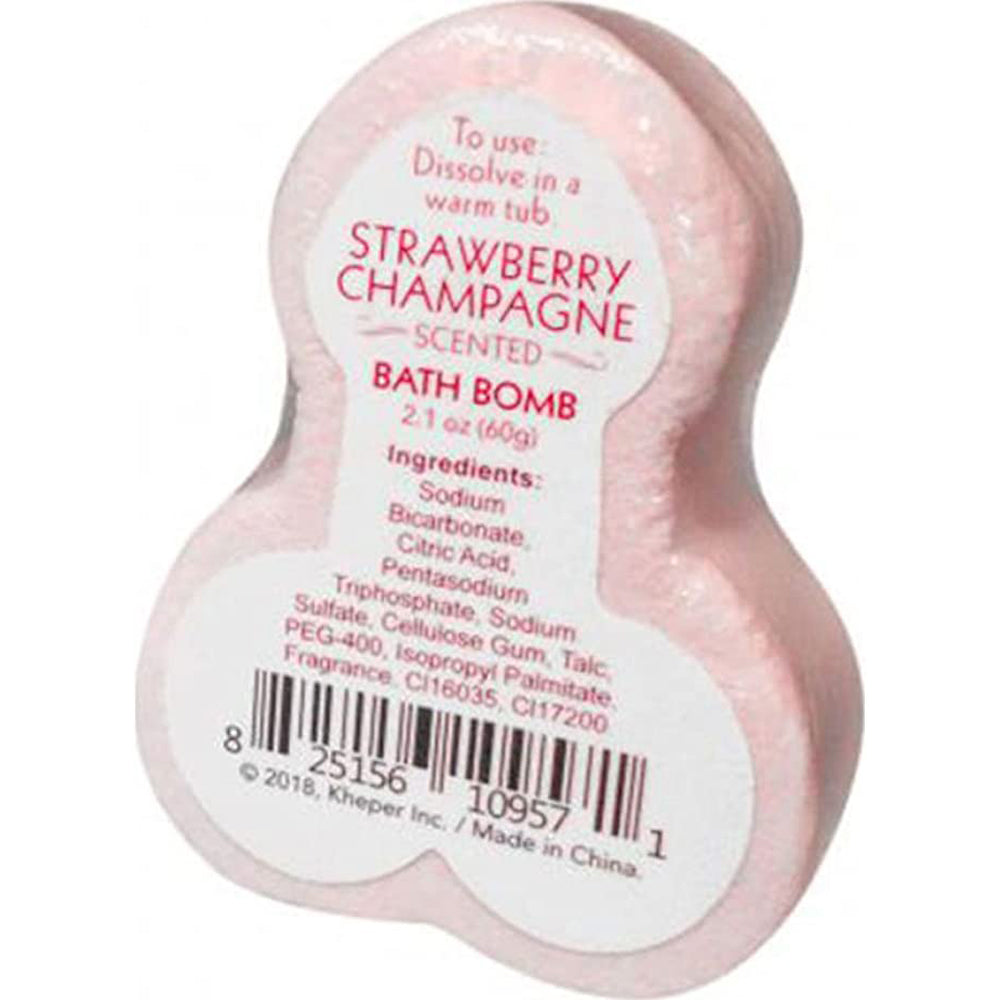 A pink, novelty pecker-shaped bath bomb labeled Strawberry Champagne.