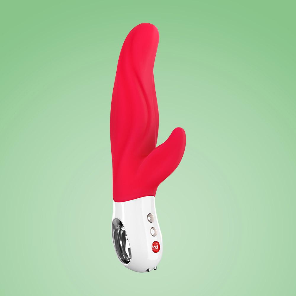 Red and white dual motor silicone vibrator with a loop handle.