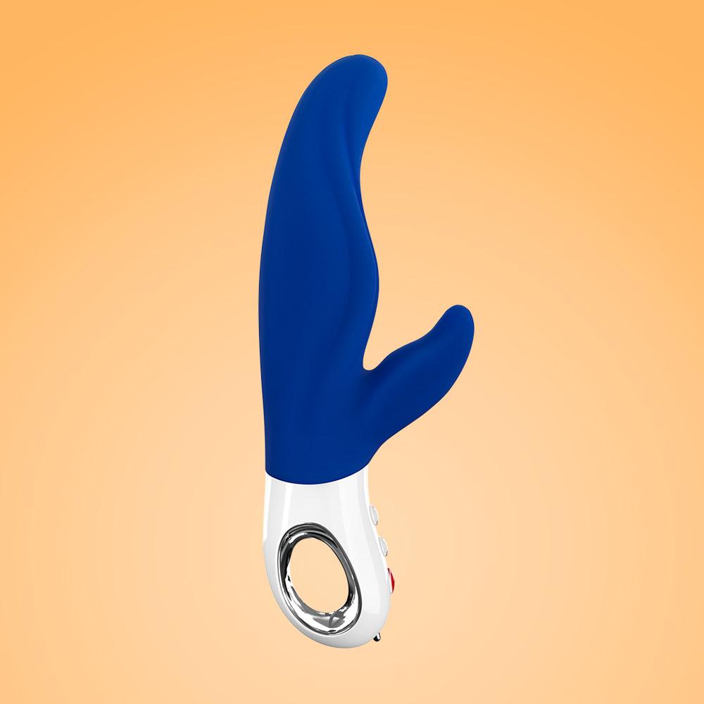 Blue and white silicone vibrator with a loop handle.