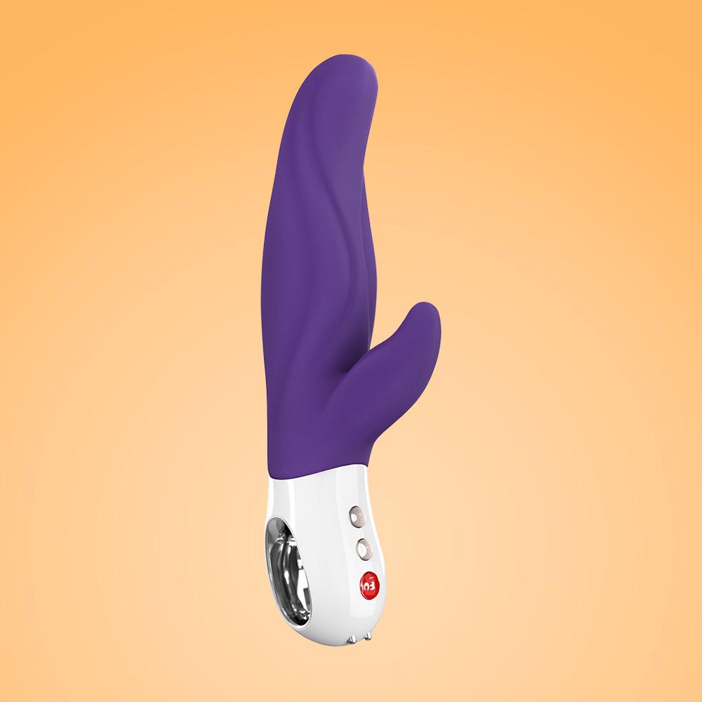 Purple silicone G-spot vibrator with white base and buttons.