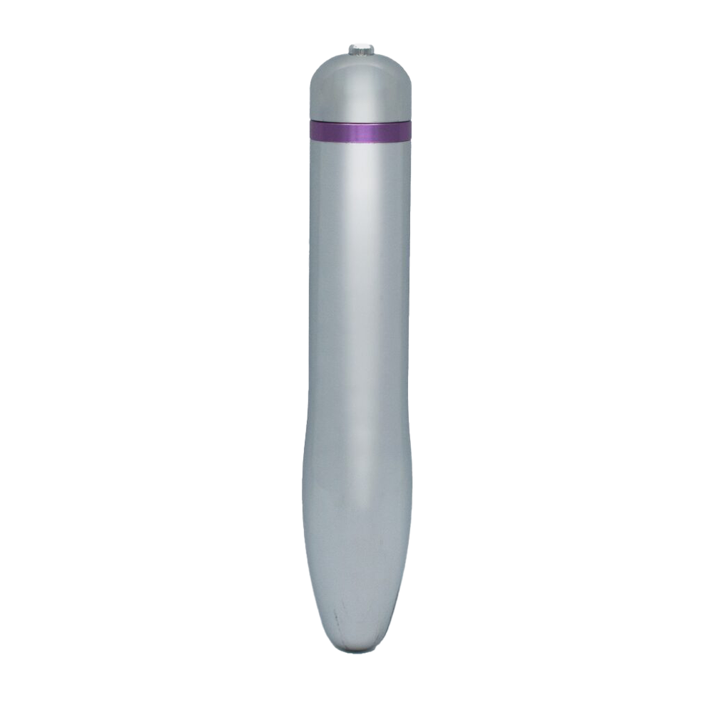 Silver rocket-shaped vibrator with a purple band.