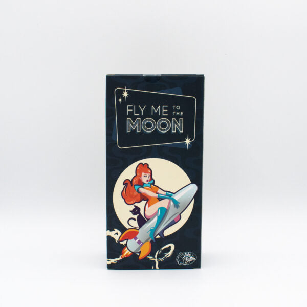 A box with a retro-style illustration of a woman riding a rocket.