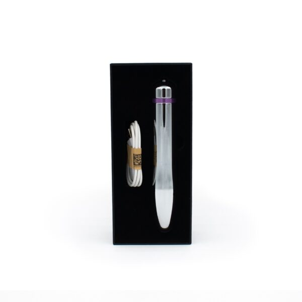 A silver vibrator with a purple ring and a white charging cable in a black box.