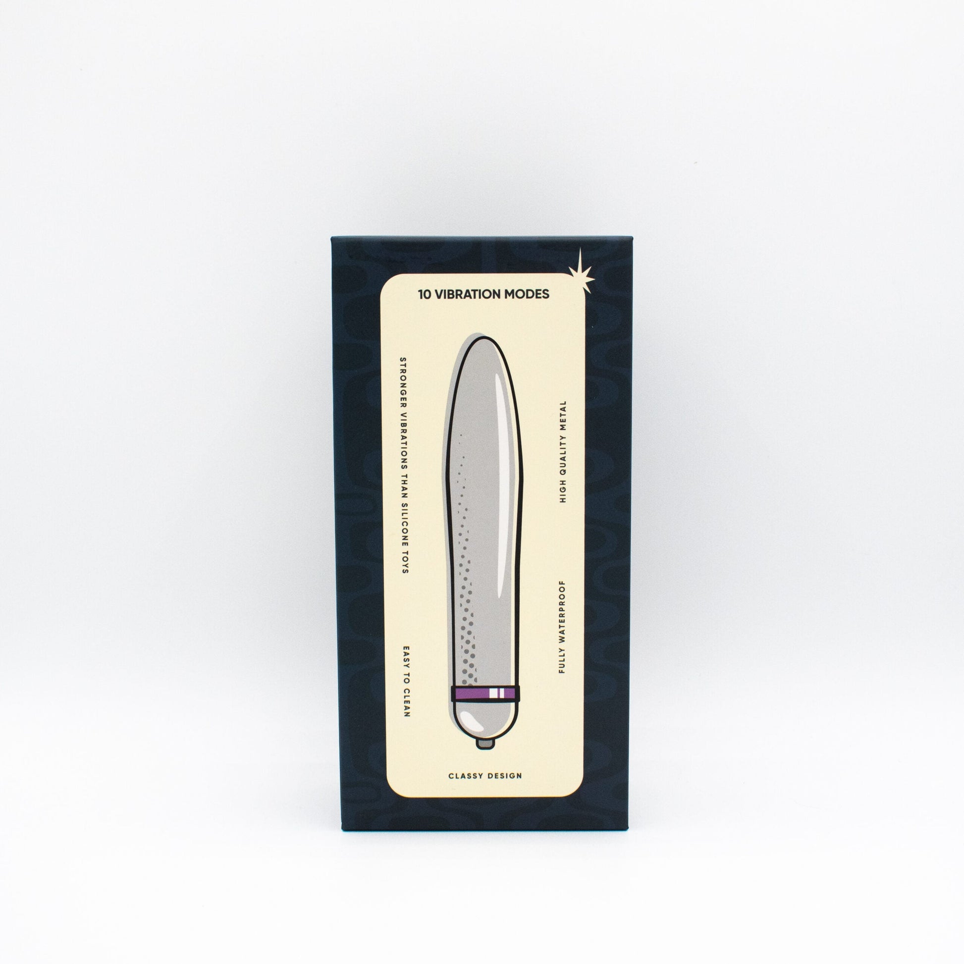 A silver rocket-shaped vibrator with purple accents on a box that reads "10 Vibration Modes".