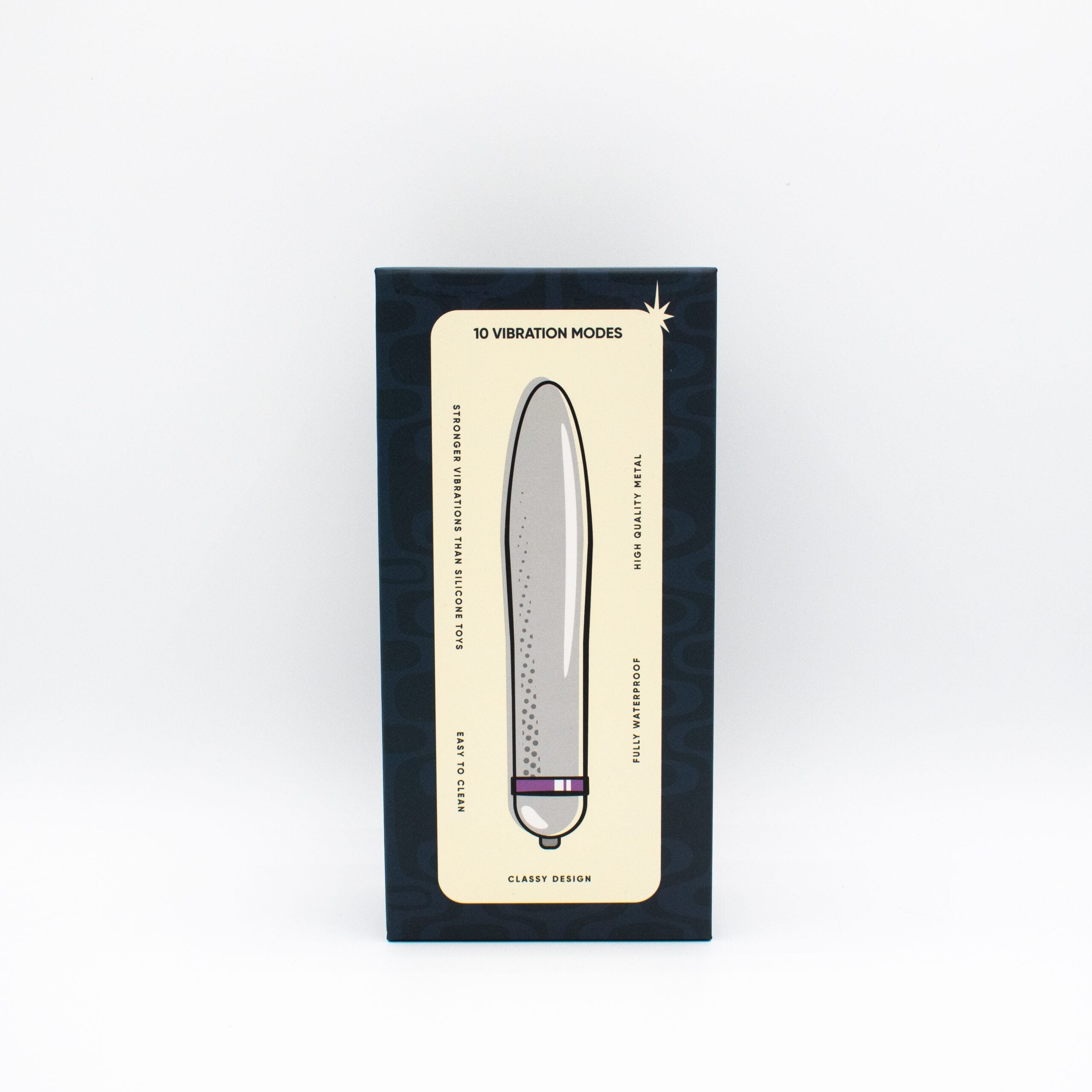 A silver rocket-shaped vibrator with purple accents on a box that reads "10 Vibration Modes".