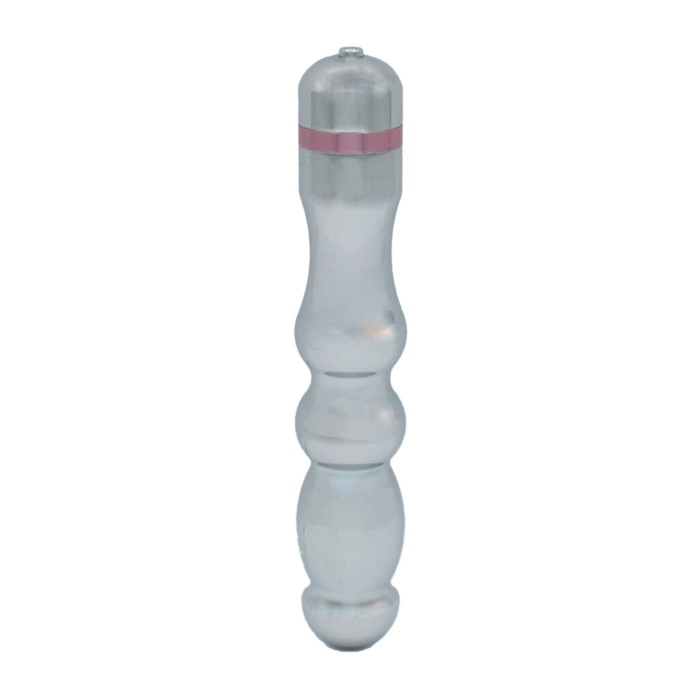A silver metal vibrator with a pink band and bulbous sections.
