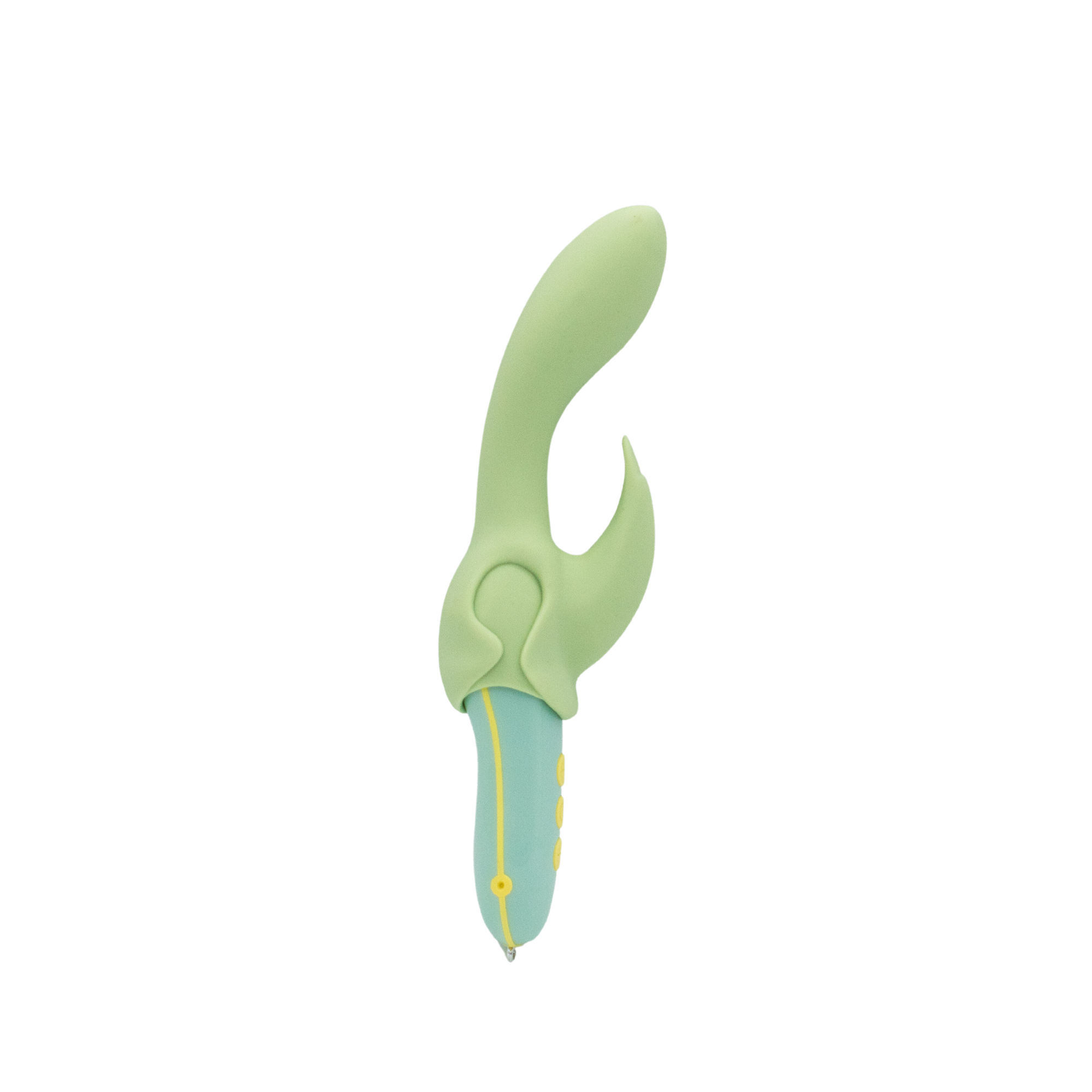 A light green and teal vibrator with yellow accents.