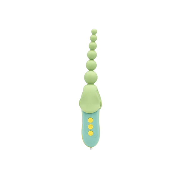 A light green and teal vibrator with a beaded attachment and yellow buttons.