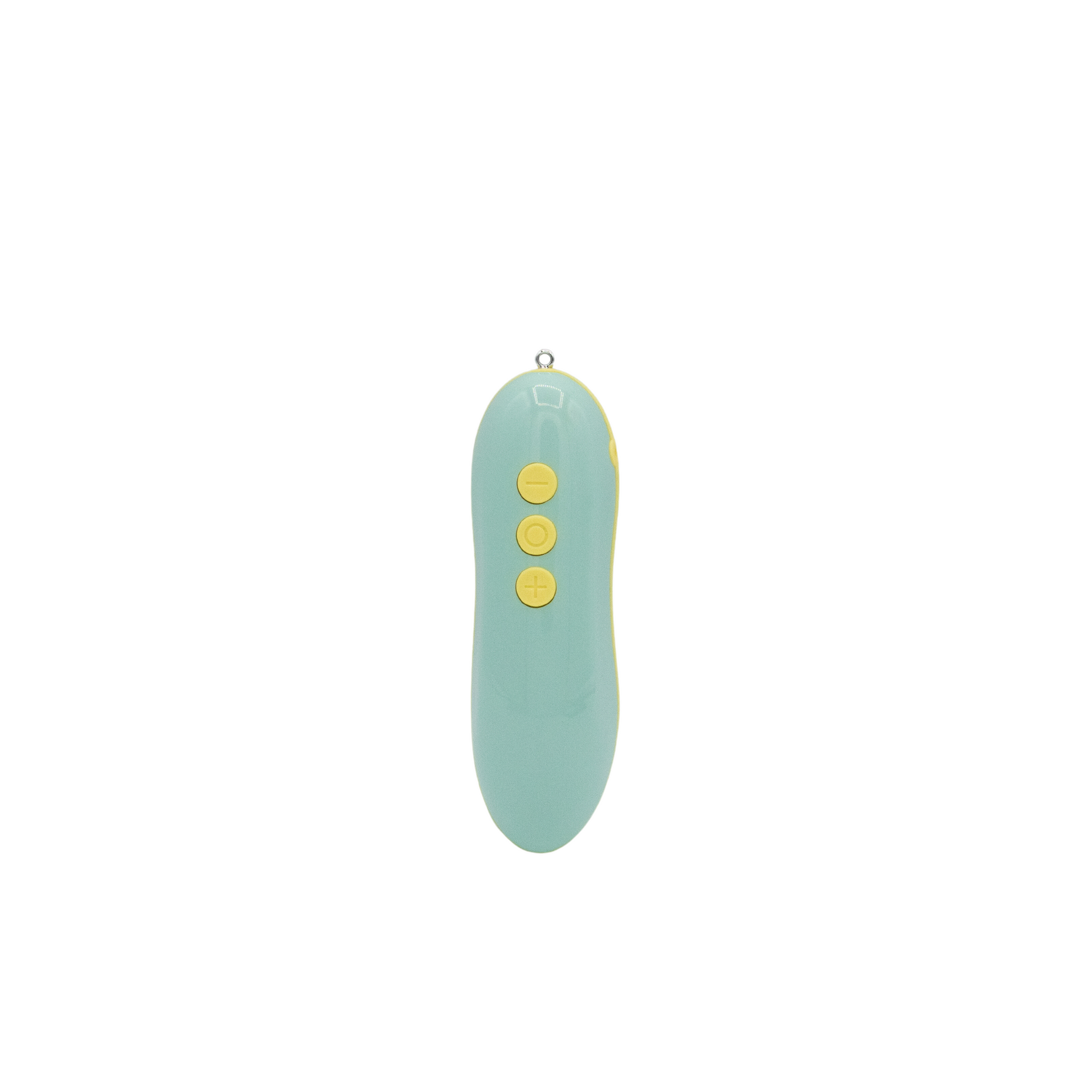 A teal and yellow vibrator with three yellow buttons.