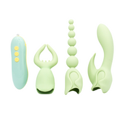 Four-piece light green silicone vibrator kit with a remote.