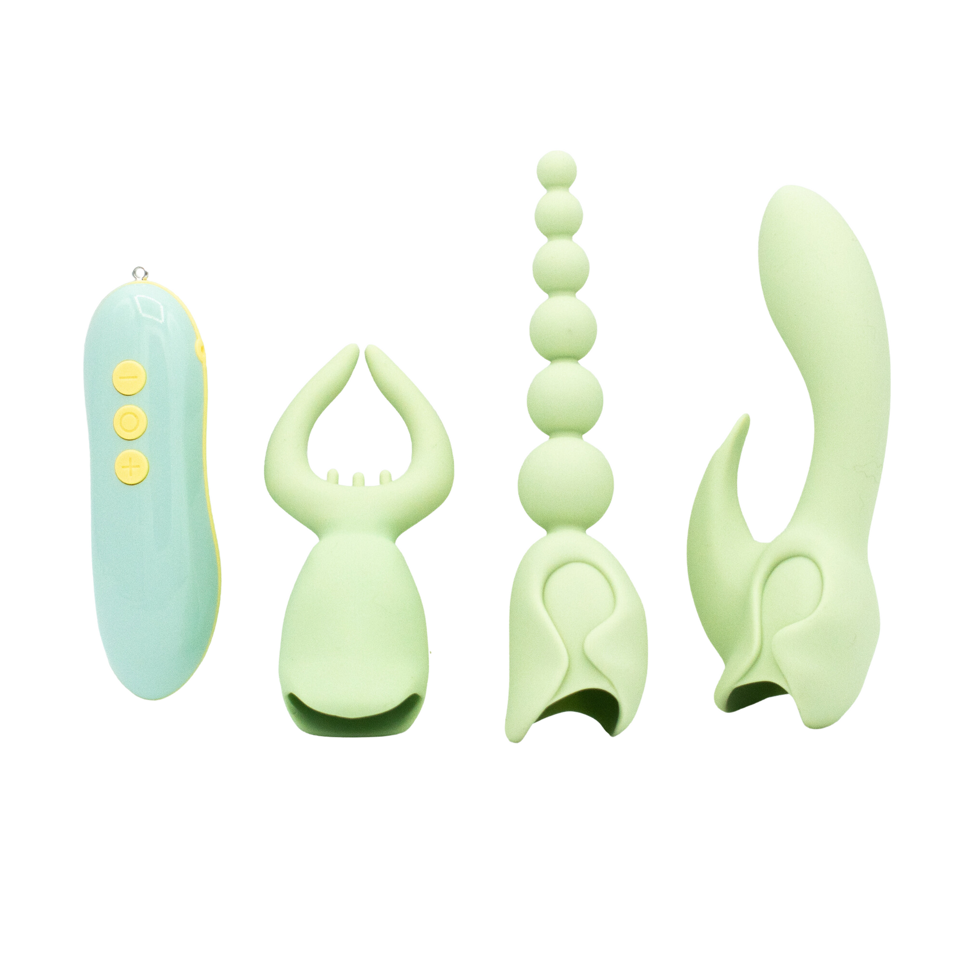 Four-piece light green silicone vibrator kit with a remote.