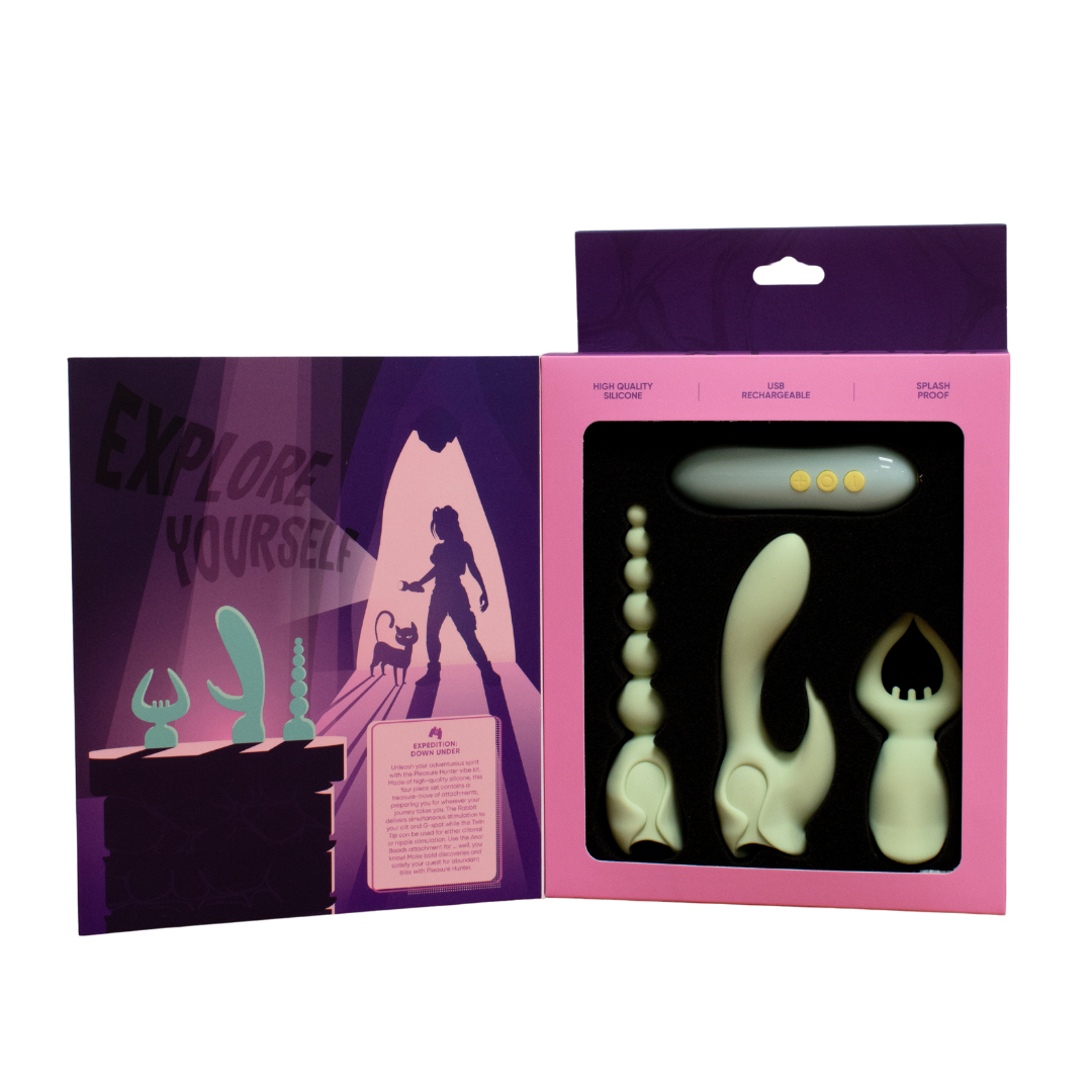 A 4-piece silicone vibrator kit with a bullet vibrator, rabbit attachment, twin tip attachment, and anal beads.