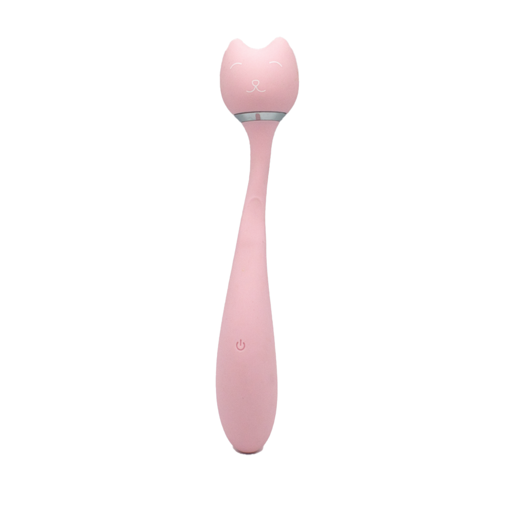 Pink cat-shaped wand vibrator with a power button.