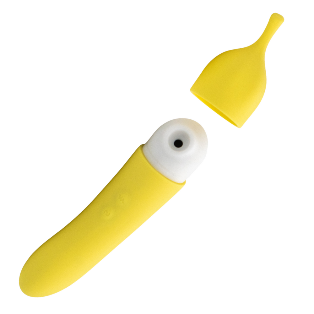 Yellow banana-shaped vibrator with a white tip and a detached yellow cap.