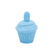 A light blue silicone cupcake-shaped stimulator with a power button.
