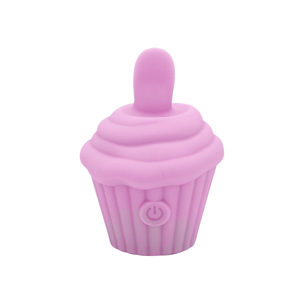 A pink cupcake-shaped silicone stimulator with a power button.