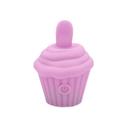 A pink cupcake-shaped silicone stimulator with a power button.